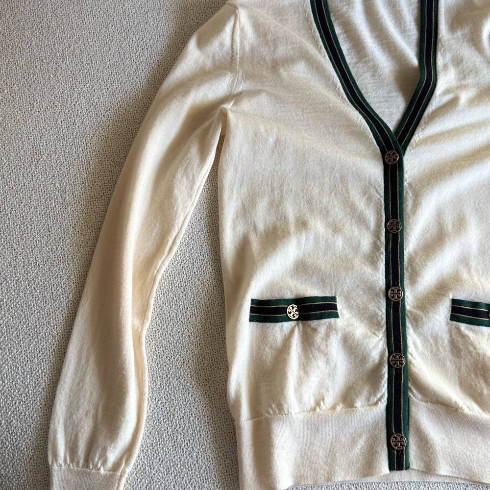 Tory Burch Cream Cardigan with Black and Green Accents